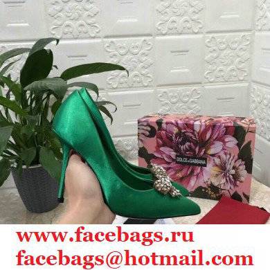 Dolce  &  Gabbana Heel 10.5cm Satin Pumps Green with Crystal Bow 2021